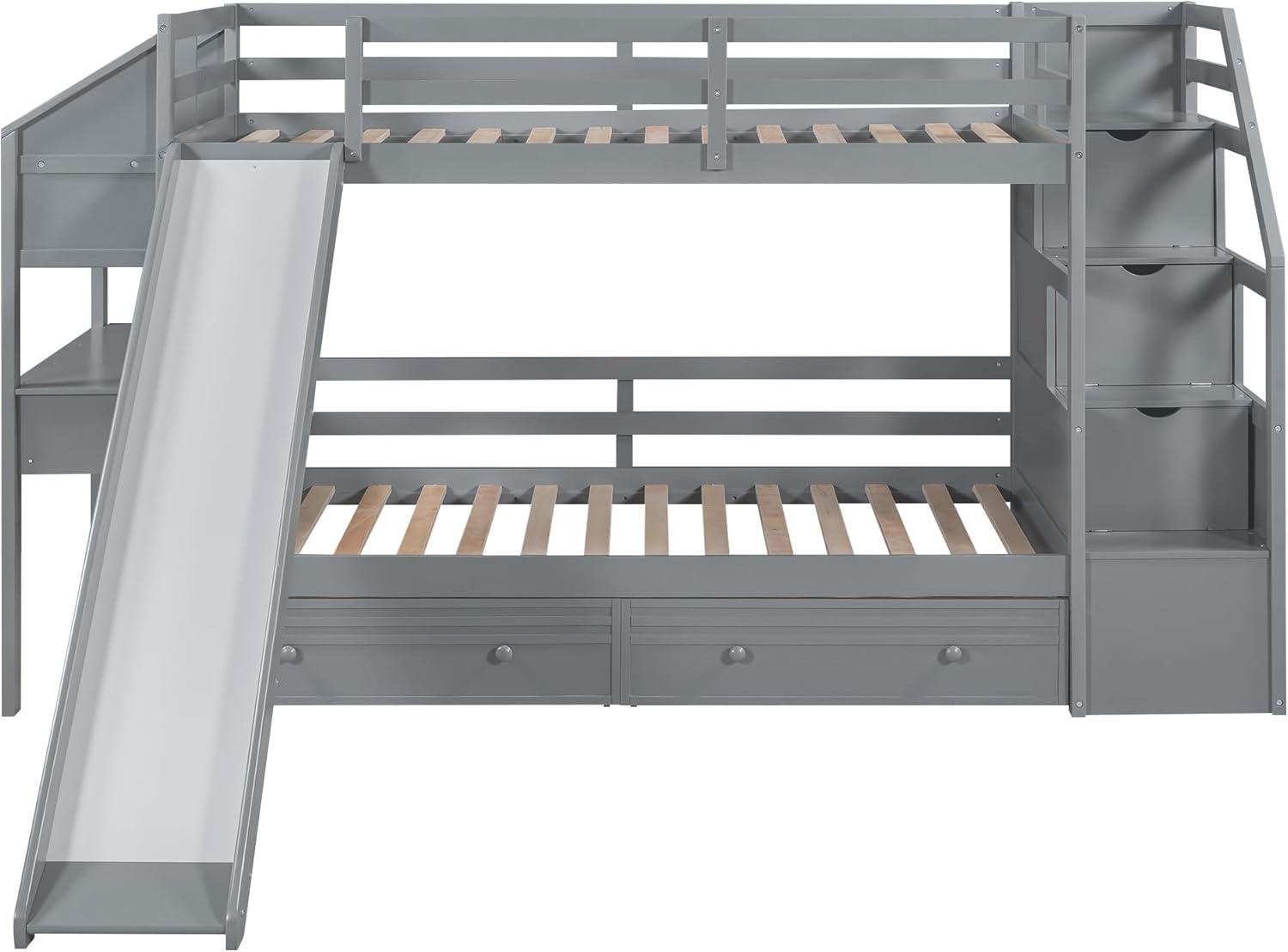 Bellemave Bunk Bed with Desk, Stairs and Slide, Wood Twin Over Twin Bunk Beds with Storage Shelves, Drawers for Kids Teens Girls Boys (Grey)