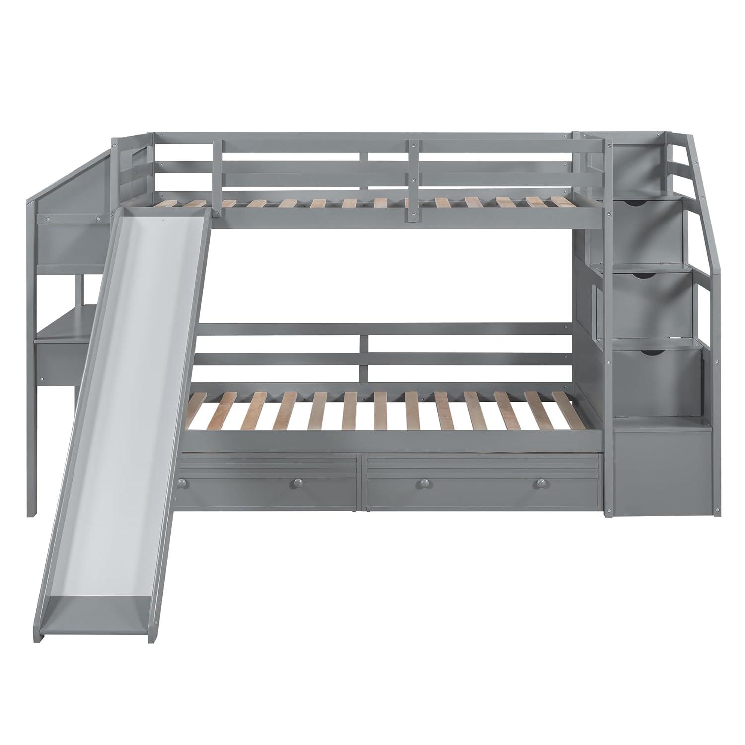 Bellemave Bunk Bed with Desk, Stairs and Slide, Wood Twin Over Twin Bunk Beds with Storage Shelves, Drawers for Kids Teens Girls Boys (Grey)
