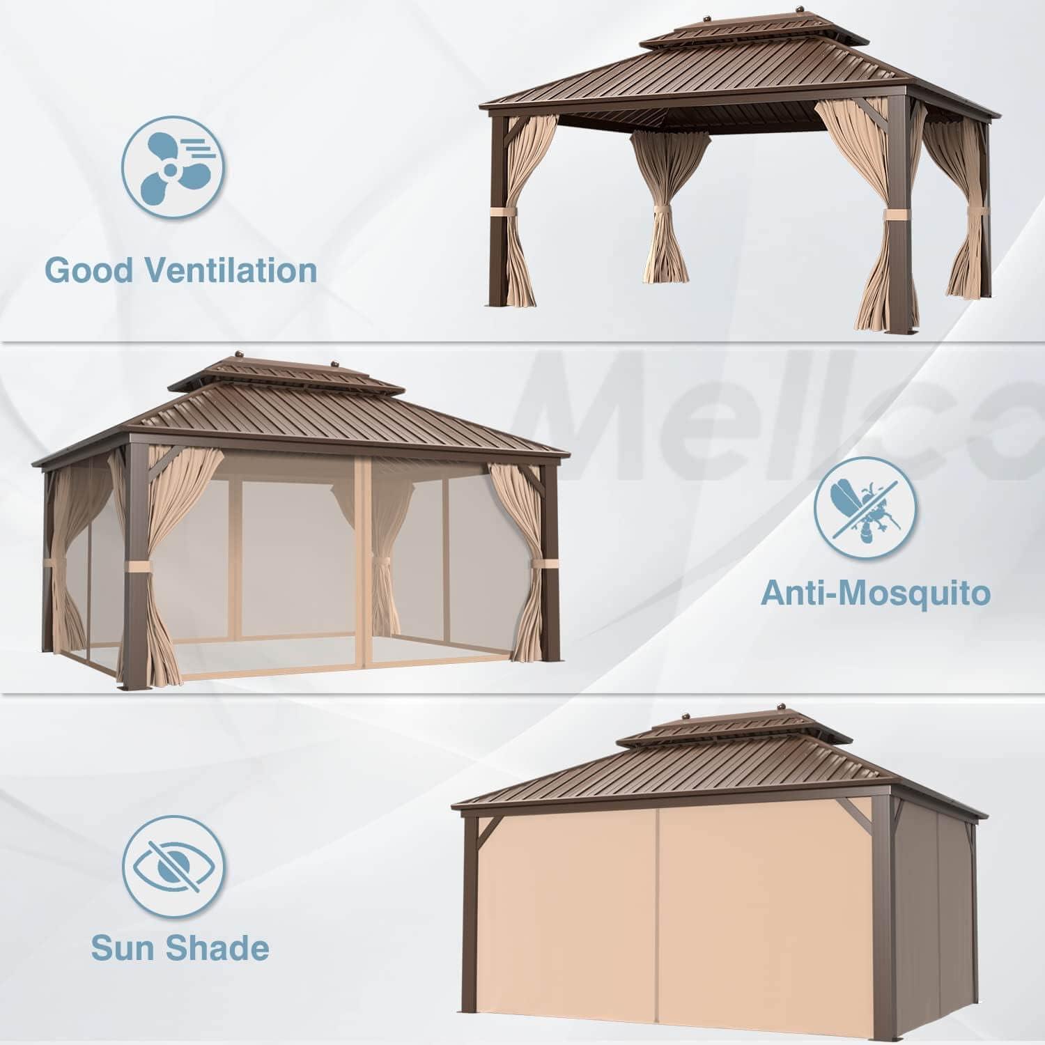 Brown Aluminum and Steel 10' x 13' Patio Gazebo with Curtains