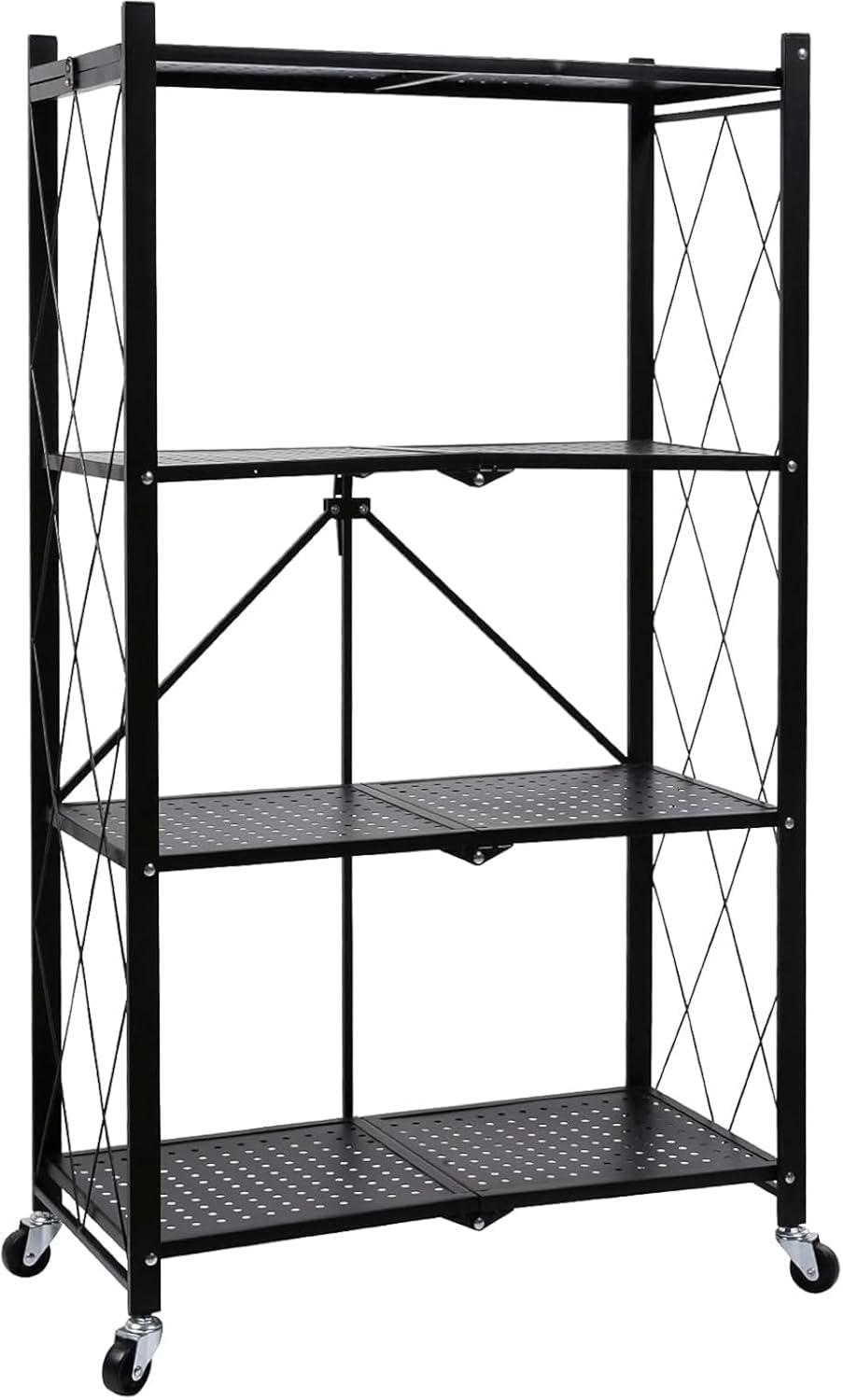 HeSLehs 4-Tier Heavy Duty Foldable Metal Rack Storage Shelving Unit with Wheels Moving Easily Organizer Shelves Great for Garage Kitchen, Black