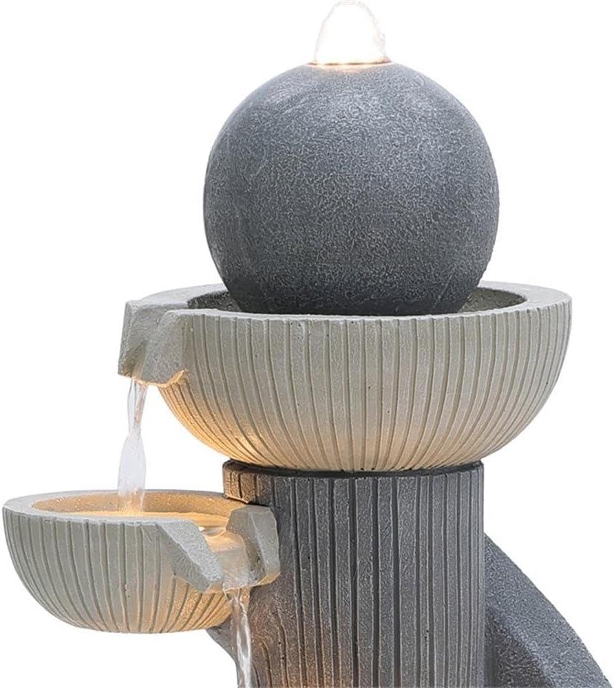 LuxenHome Gray Resin Spiral Sculpture with Bubbler 5-Tier Outdoor Fountain with Lights