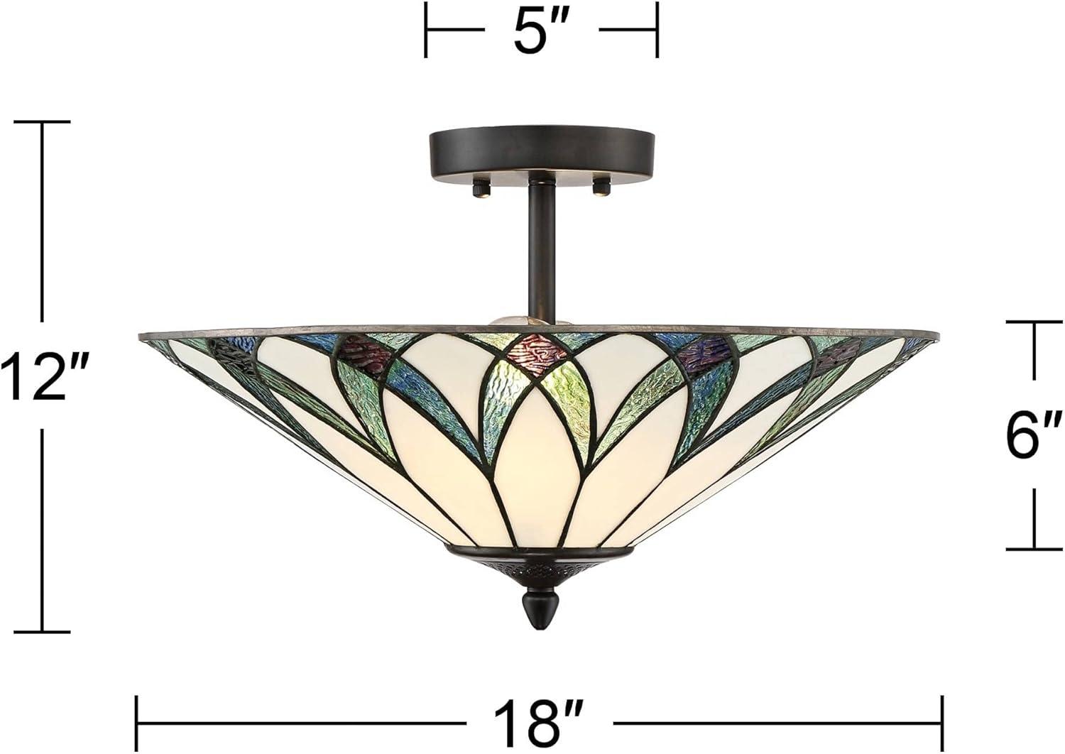 Regency Hill Filton Tiffany Style Ceiling Light Semi Flush Mount Fixture 18" Wide Bronze 2-Light Blue Green Art Glass for Bedroom Kitchen Living Room