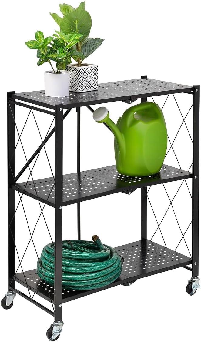 Honey-Can-Do 3 Tier Foldable Shelving Rack Black: Steel Utility Storage, Wire Rack Shelving, 75 lb Capacity