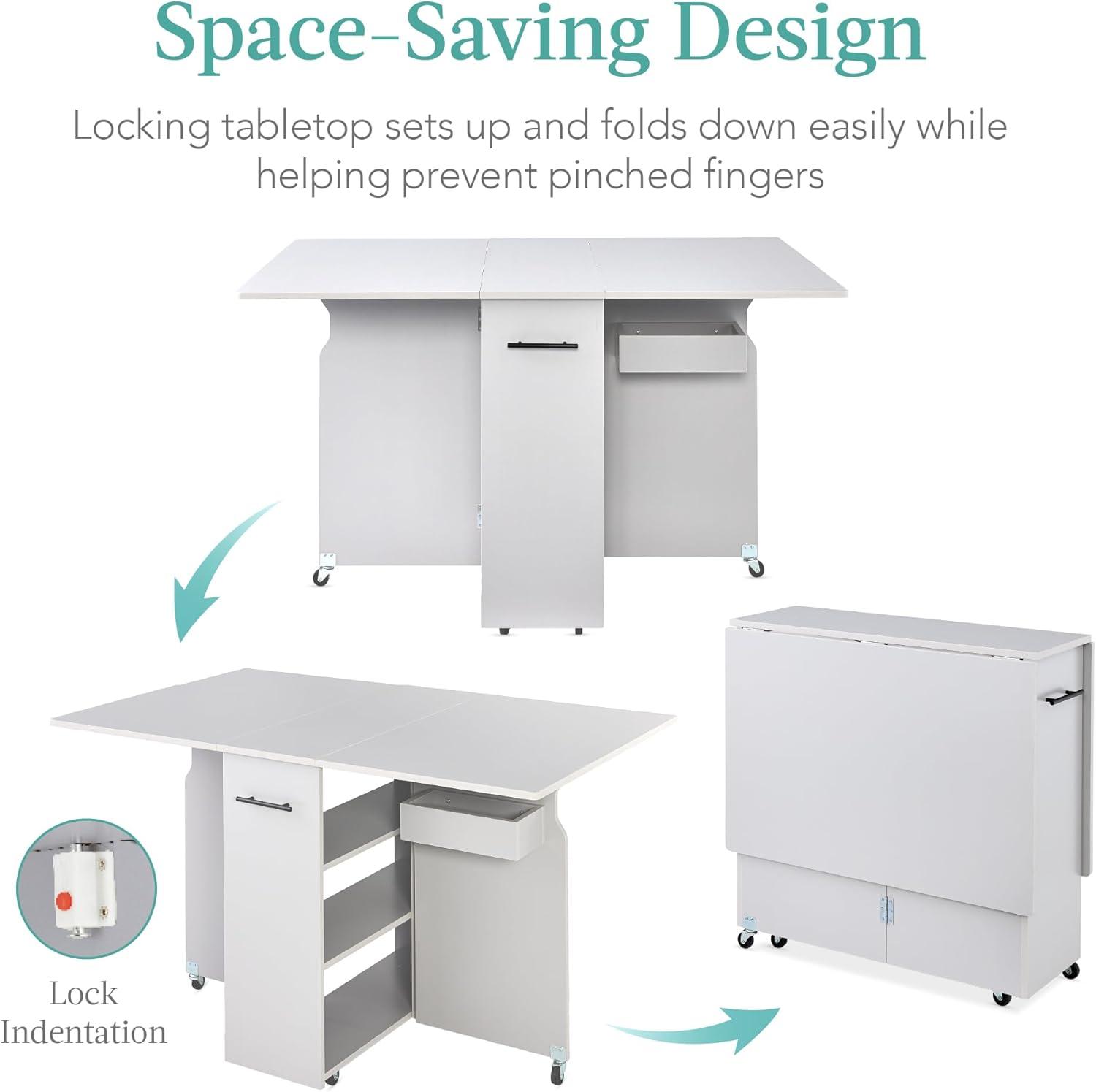 Best Choice Products Multipurpose Folding Table w/ Wheels, 3 Storage Shelves, Cubby, Handle - Cement Gray