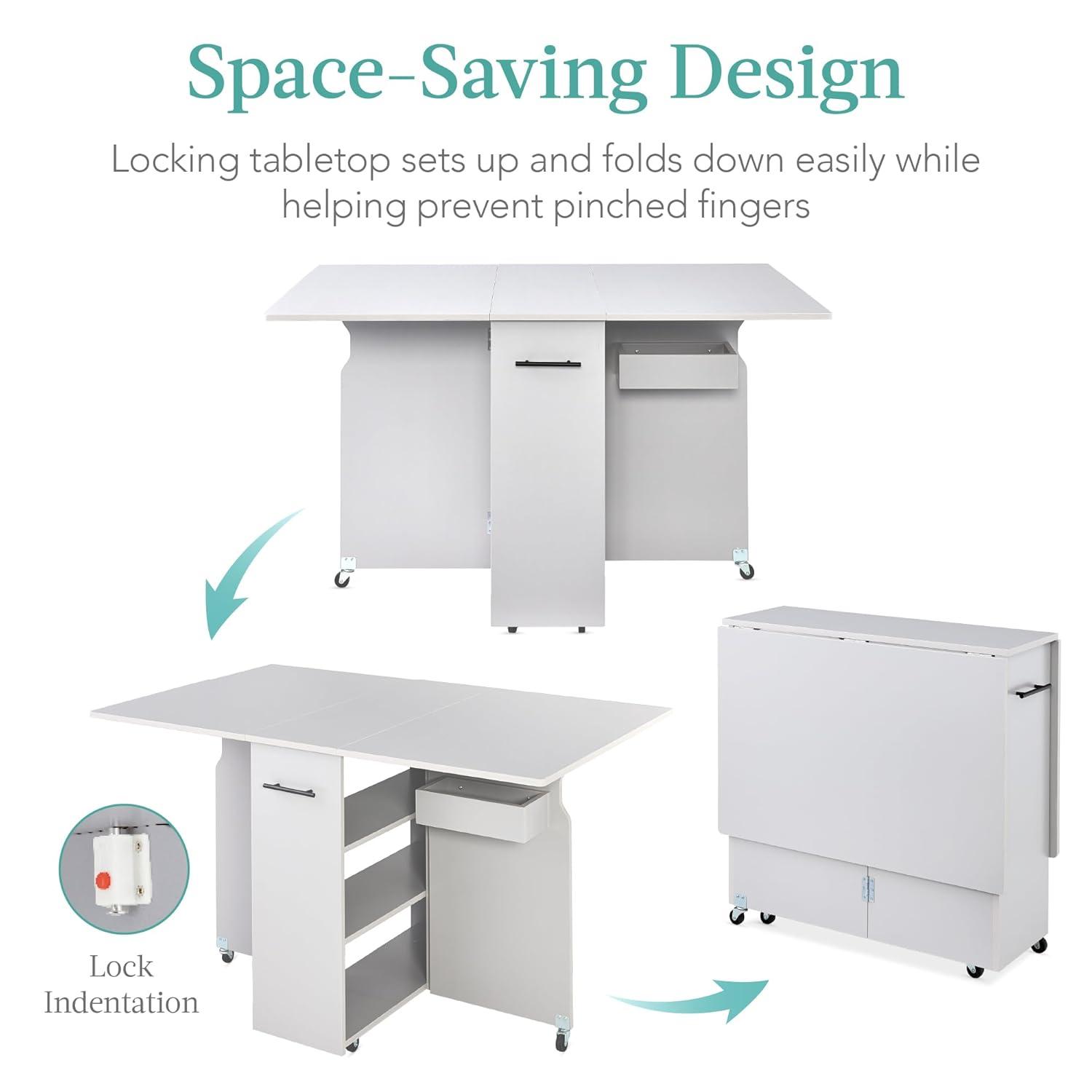 Best Choice Products Multipurpose Folding Table w/ Wheels, 3 Storage Shelves, Cubby, Handle - Cement Gray