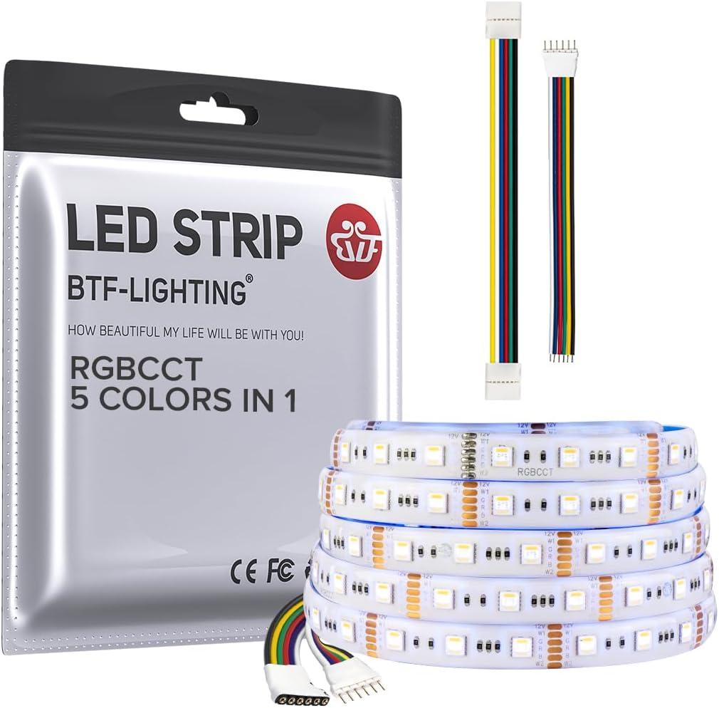 BTF-LIGHTING RGBCCT 5 Colors in 1 LED 5050SMD RGBWW RGB+Dimmable Tunable Color Temperature 2700K-6500K 16.4ft 60LEDs/m 300LEDs DC24V Multi-Colored Tape Lights IP30 White PCB(No Adapter or Controller)
