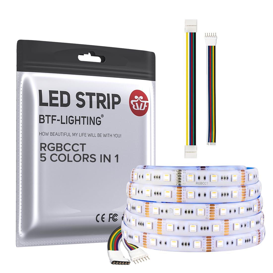BTF-LIGHTING RGBCCT 5 Colors in 1 LED 5050SMD RGBWW RGB+Dimmable Tunable Color Temperature 2700K-6500K 16.4ft 60LEDs/m 300LEDs DC24V Multi-Colored Tape Lights IP30 White PCB(No Adapter or Controller)