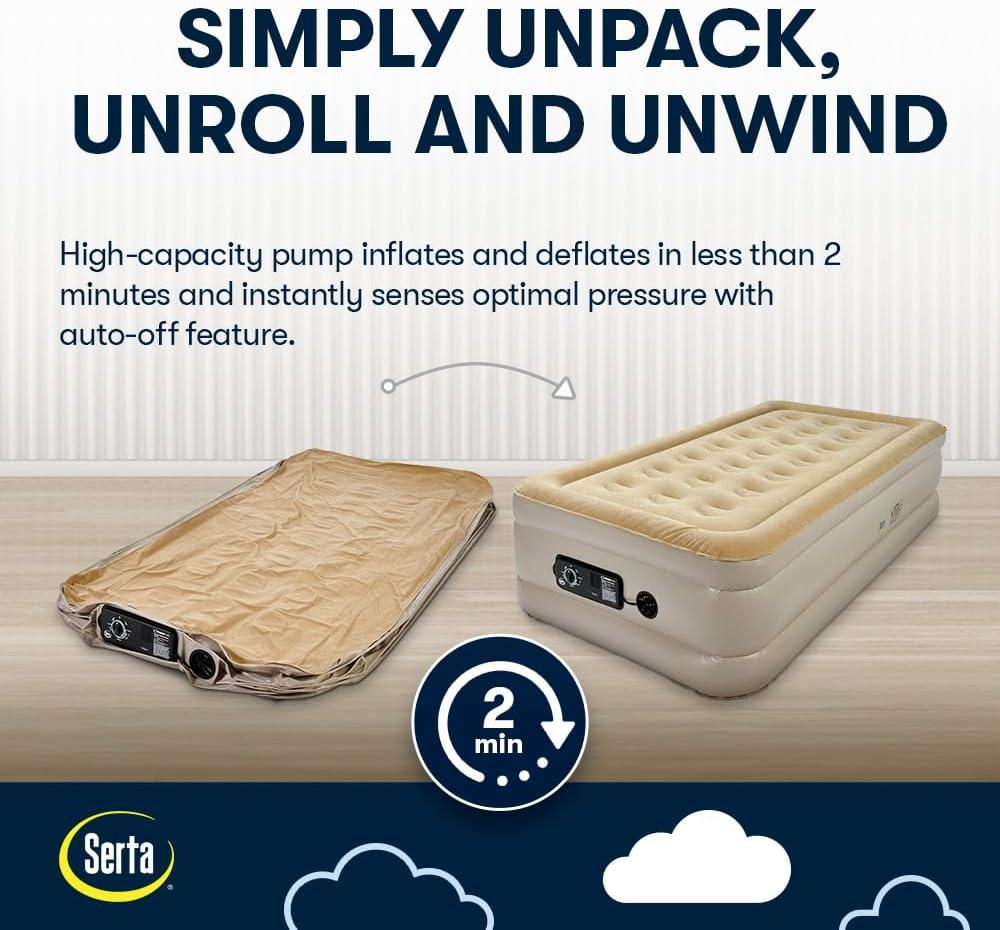 Serta Raised Air Mattress with Never Flat Pump | Luxury Inflatable Mattress with Built in Air Pump to Ensure a Good Night’s Rest | Heavy Duty Blow Up Mattress with Self Inflating Pump