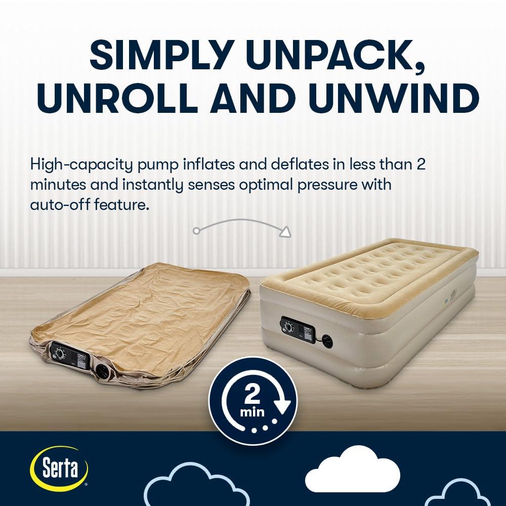 Serta Raised Air Mattress with Never Flat Pump | Luxury Inflatable Mattress with Built in Air Pump to Ensure a Good Night’s Rest | Heavy Duty Blow Up Mattress with Self Inflating Pump