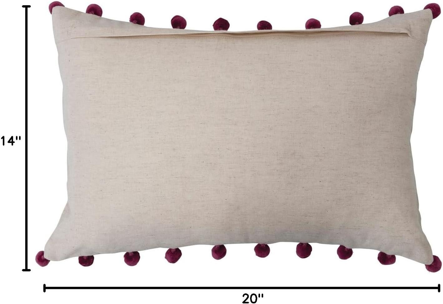 Bloomingville Cotton Linen Lumbar Pillow with Embroidery and Pom Poms