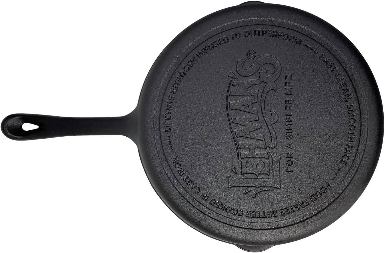 Lehman's Cast Iron Skillet - Nitrogen Hardened Cookware, Tough but Lightweight, No Need to Season, Silicone Safety Handle Included - 12 inch