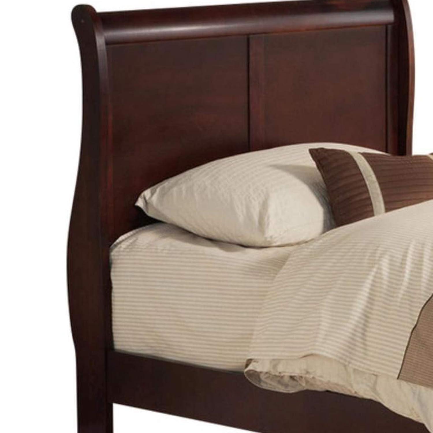 Benjara Transitional Panel Design Sleigh Twin Size Bed, Cherry Brown