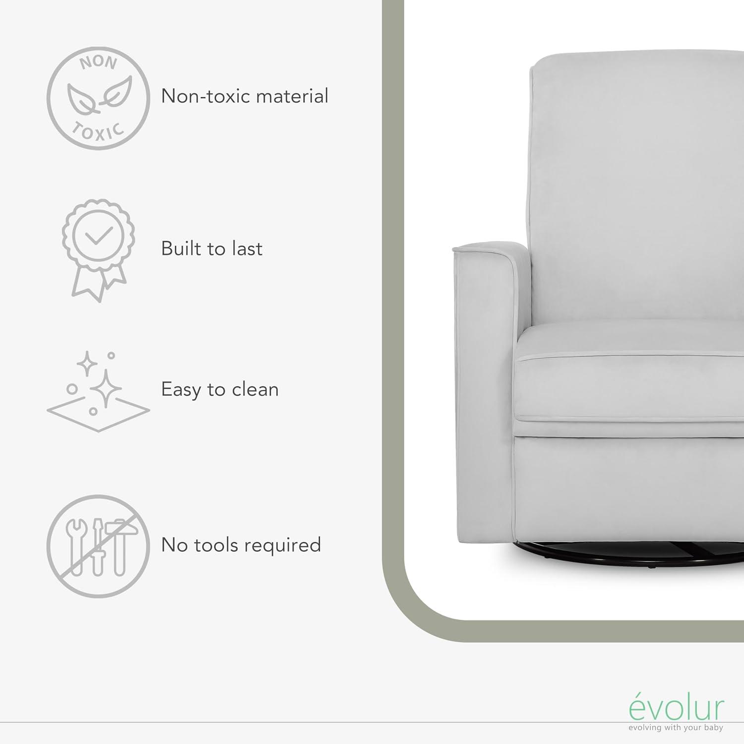 Evolur Harlow Deluxe Greenguard Gold Certified Upholstered Plush Seating Glider Swivel & Power Recliner, Grey