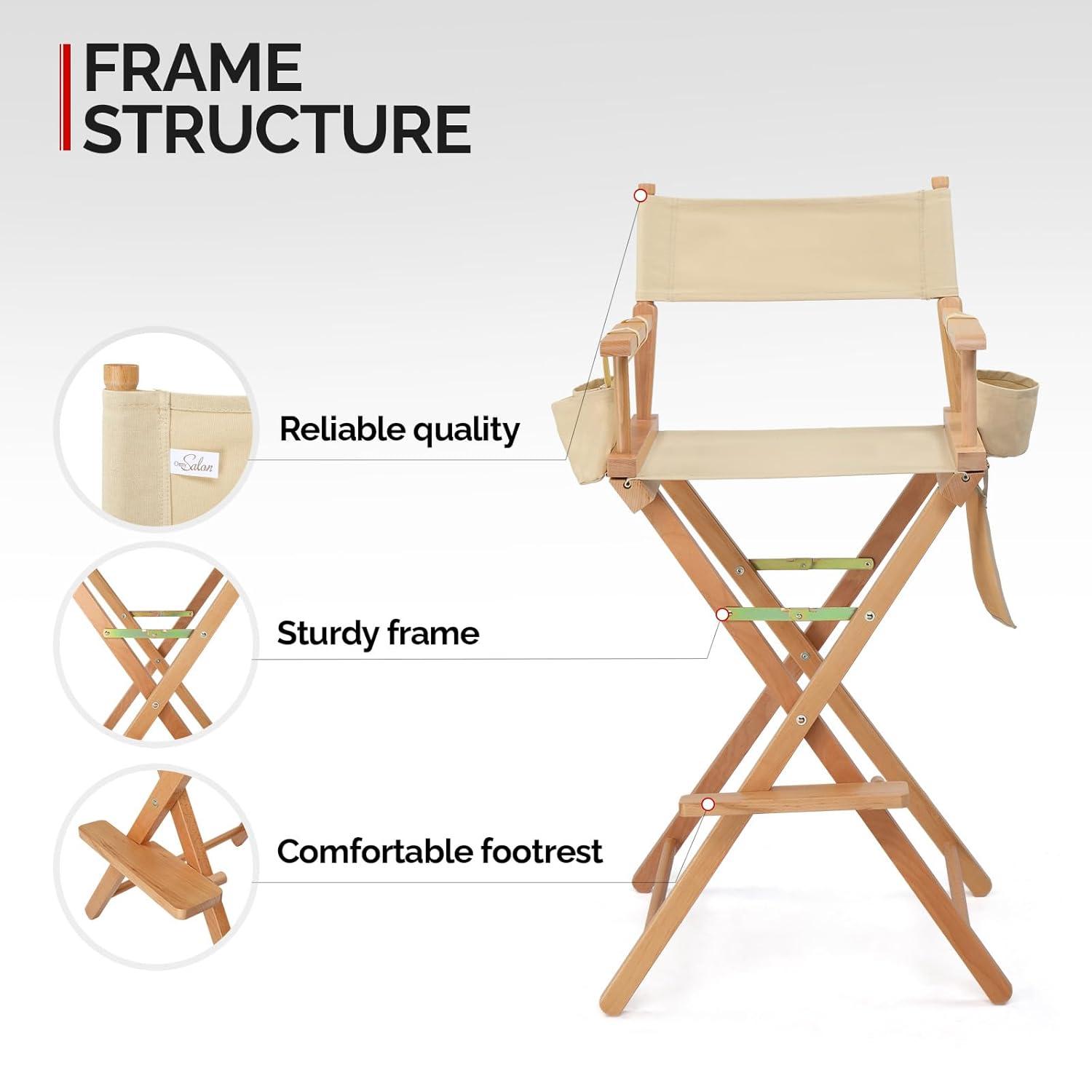 OmySalon Professional Folding Makeup Artist Chair - 31" Tall Heavy Duty Director Chair for Studio & On-The-Go Use | 250lbs Capacity, Apricot Canvas with Storage Bags, Footrest & Solid Hardwood Frame