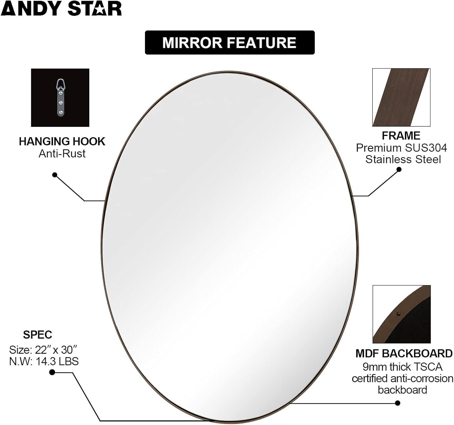 ANDY STAR Modern Decorative 22 x 30 Inch Oval Wall Mounted Hanging Bathroom Vanity Mirror with Stainless Steel Metal Frame, Brushed Bronze