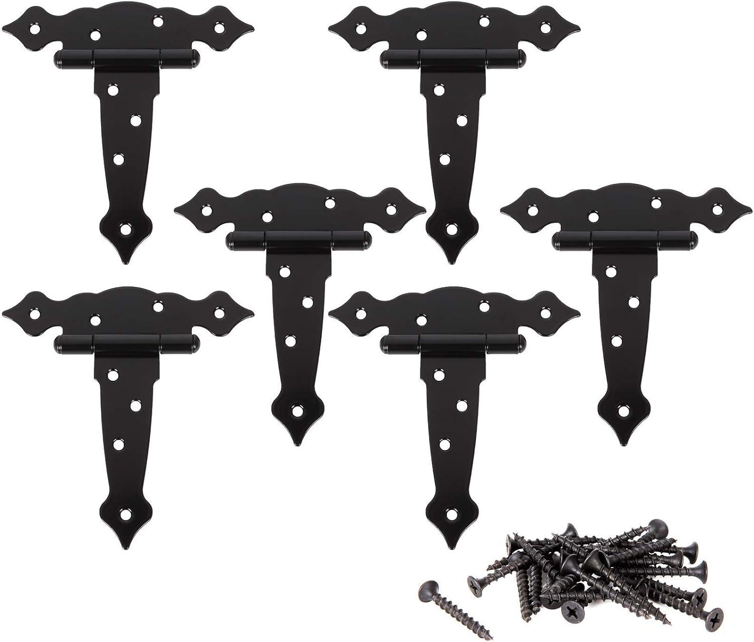 5 Inch Black Heavy Duty Metal T-Strap Gate Hinges, 6 Pack