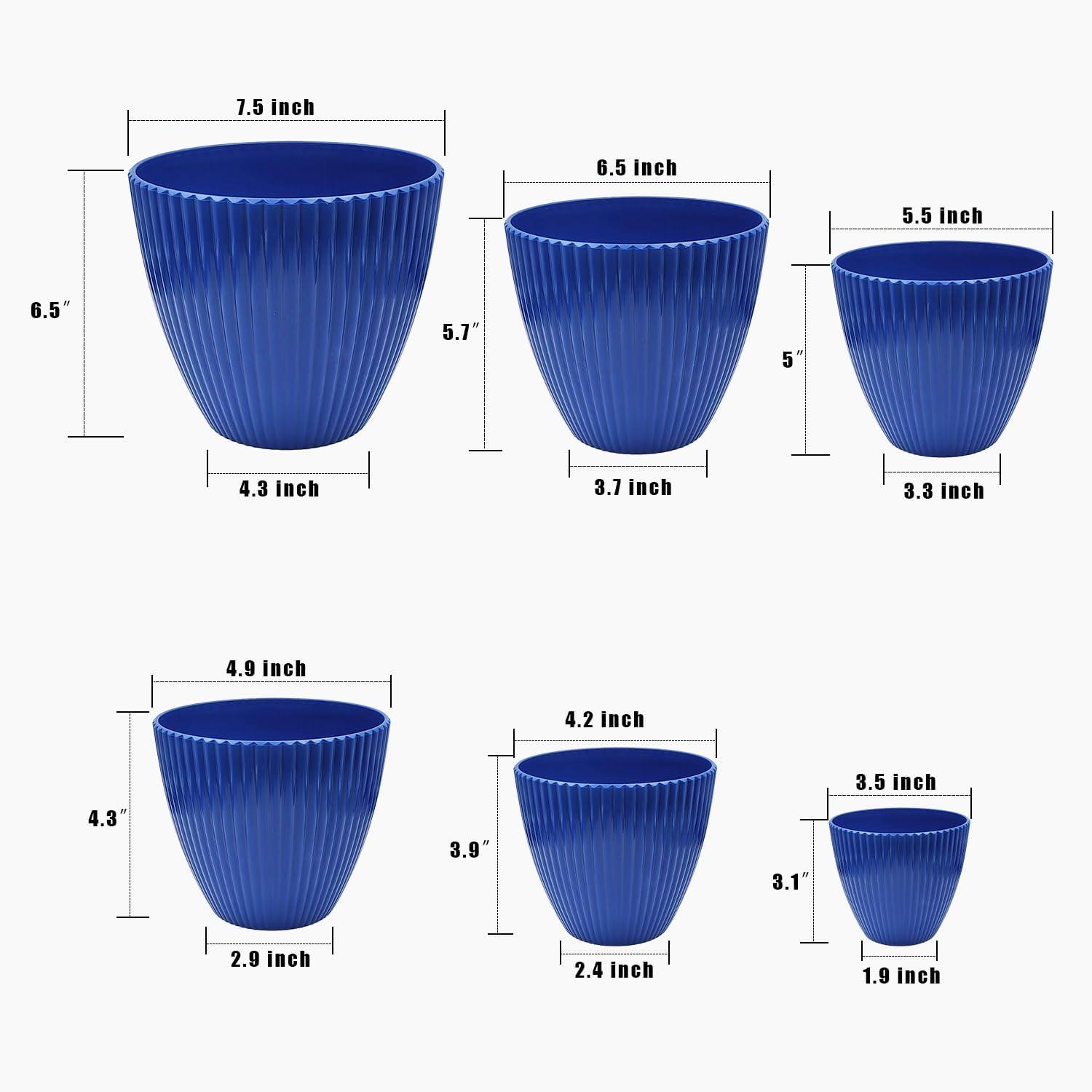 Dark Blue Round Plastic Indoor/Outdoor Plant Pots with Saucers, Set of 6