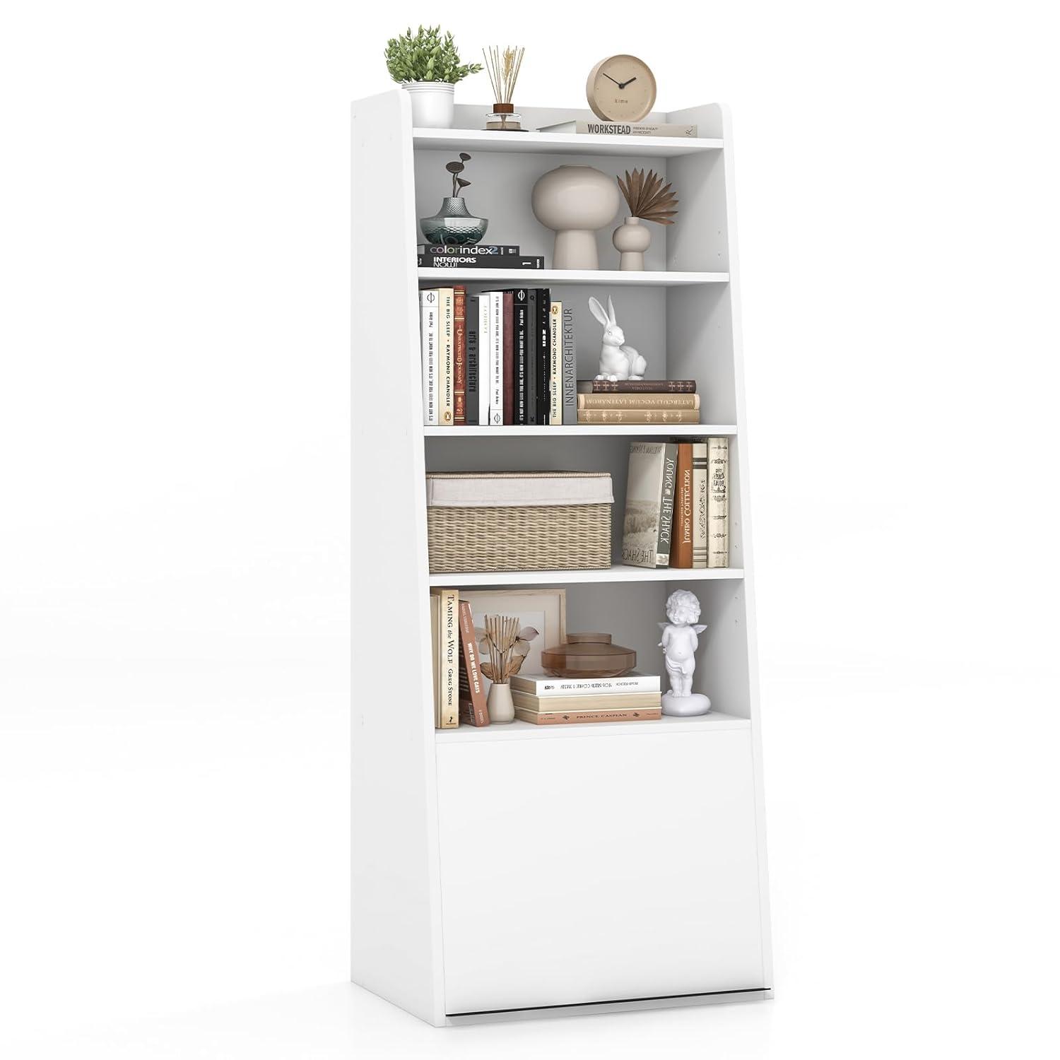 Tangkula 6-tier Bookcase w/ 2 Adjustable Shelves Filp-up Door 5 Open Shelves Bedroom White