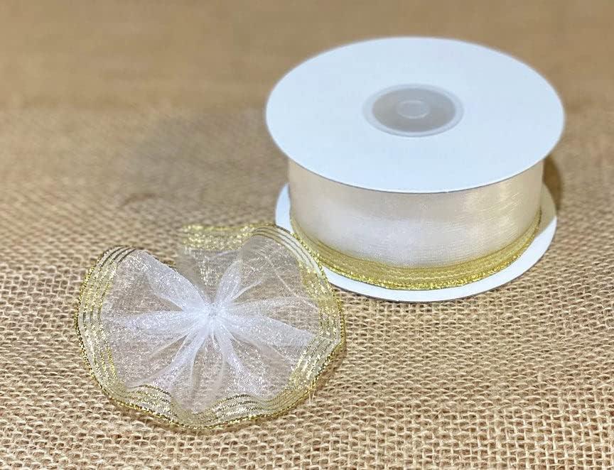 1-1/2" Sheer Organza Ruffle Type Wide String Capia Pull Bow Ribbon 25Yards Gift Wrapping Favor Decorating (White with Gold Edge)