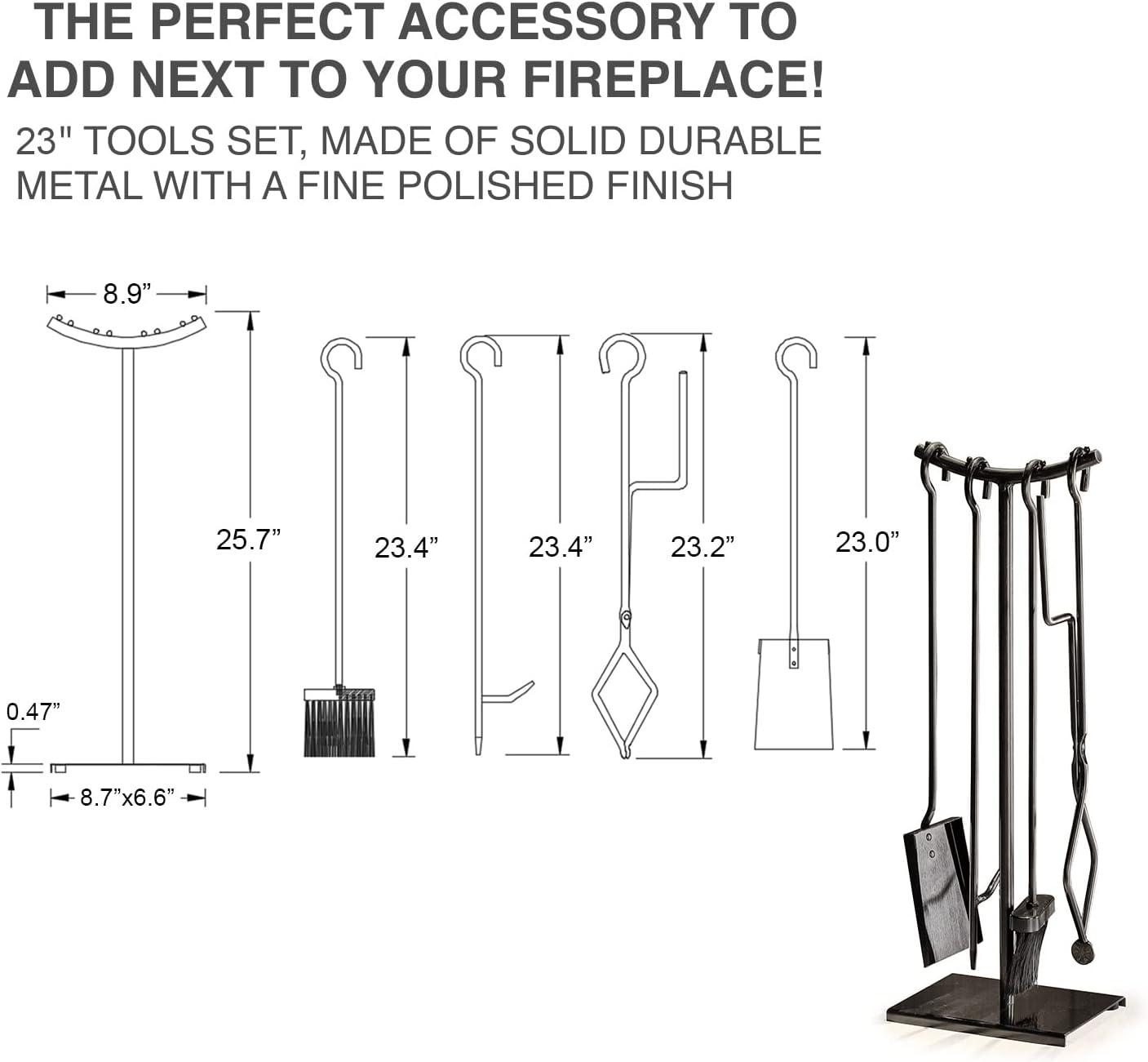 2wayz Fireplace Tools Set, 5 pcs Glossy-Finish Fireplace Accessories - Powder Coated Poker, Shovel, Tongs & Brush. Easy-to-Assemble Fire Poker Set for Chimney Fire Pit Tools