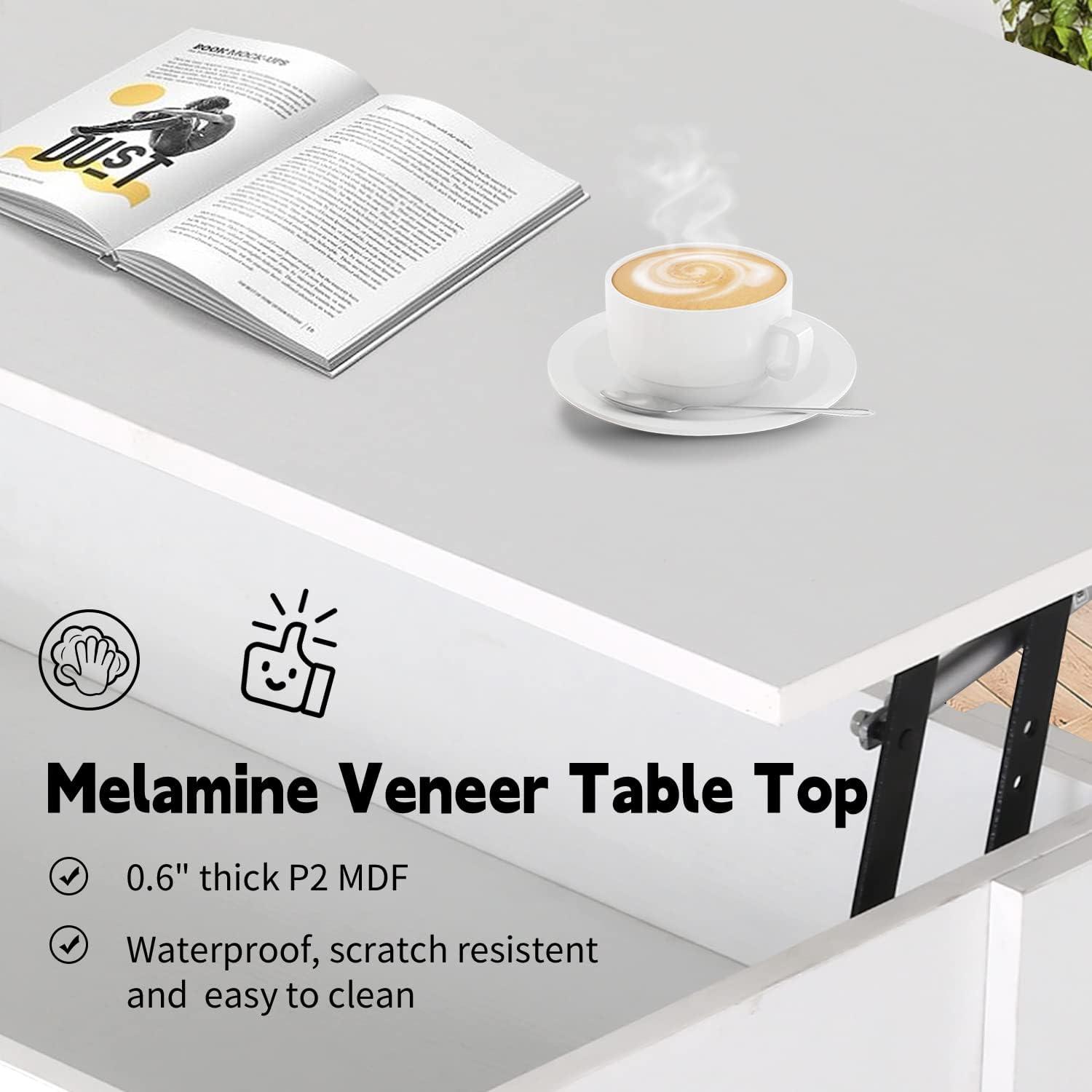 FDW Coffee Tables with Hidden Compartment and Storage Shelf Wooden Lift Tabletop Dining Table for Living Room Home (White)