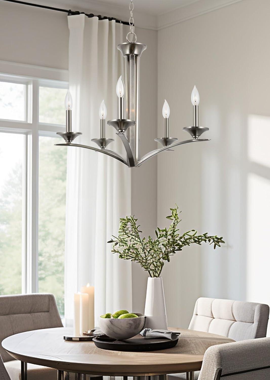 Kira Home Lillie 25" Contemporary 5-Light Candle Chandelier Lighting Fixture, Adjustable Hanging Height, Brushed Nickel