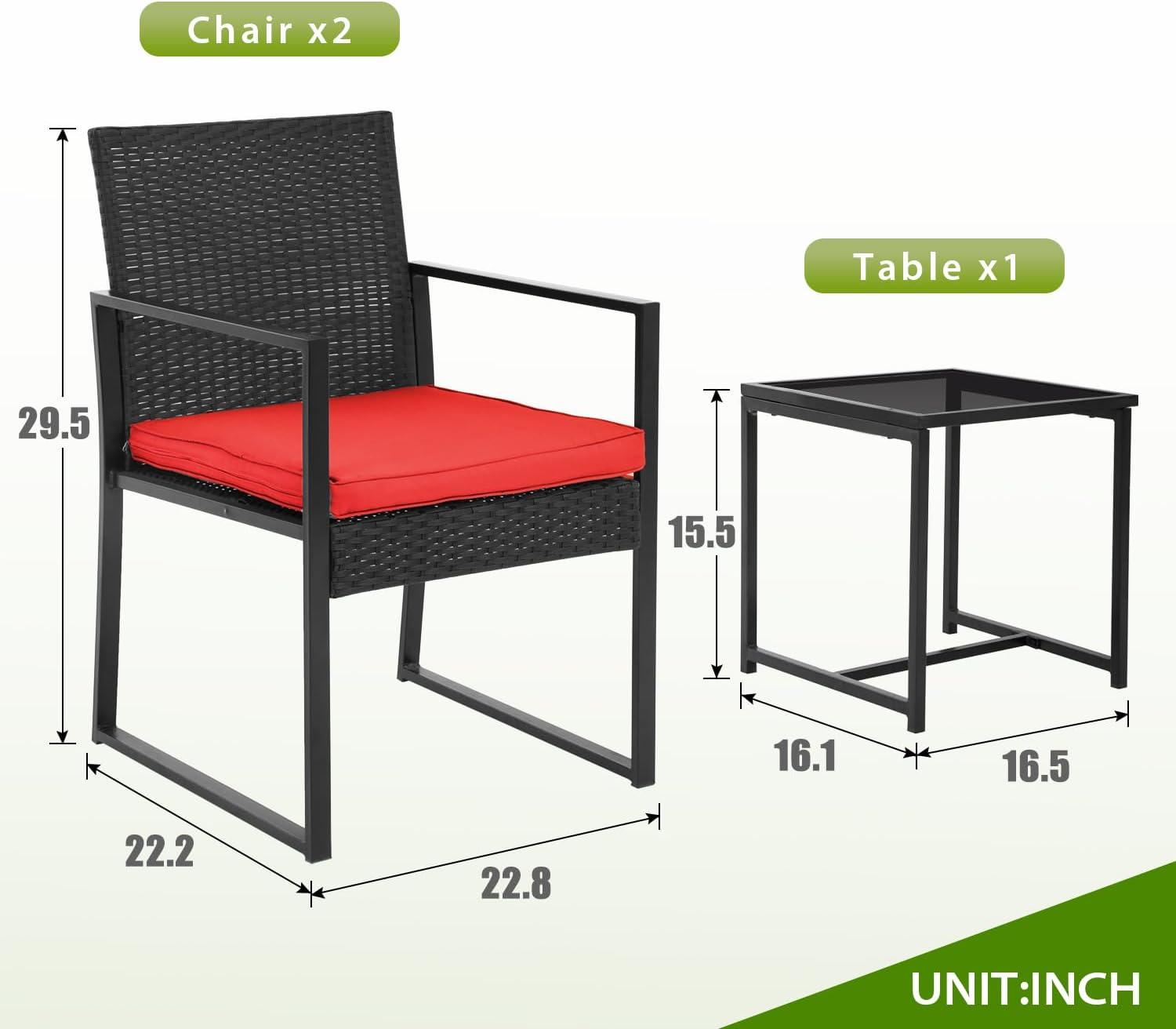 Red 3-Piece Steel and Rattan Outdoor Furniture Set with Black Glass Table