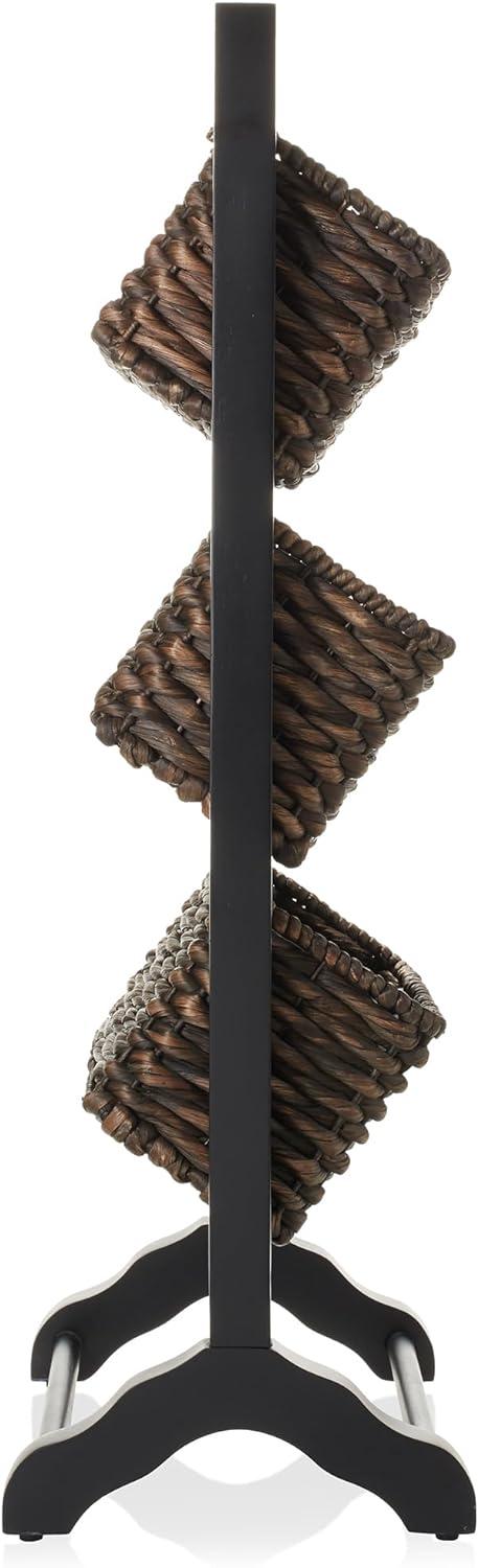 Casafield 3-Tier Floor Stand with Hanging Storage Baskets, Black/Espresso - Wood Tower Rack for Bathroom, Kitchen, Laundry, Living Room