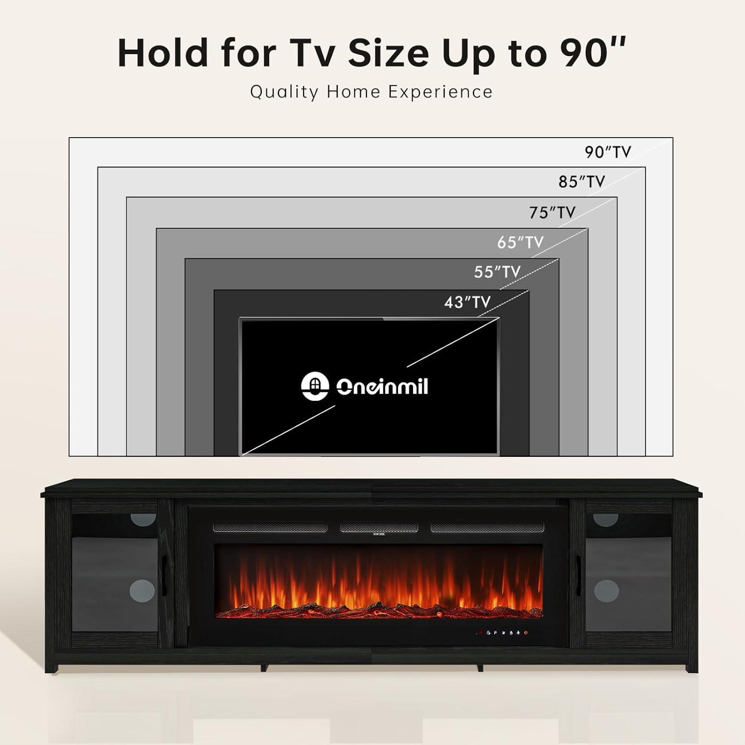 oneinmil Fireplace TV Stand with 36" Electric Fireplace, LED Light Entertainment Center, Modern Wood Texture Entertainment Stand with Highlight Storage Cabinet for TVs Up to 80", 70 inches, Black