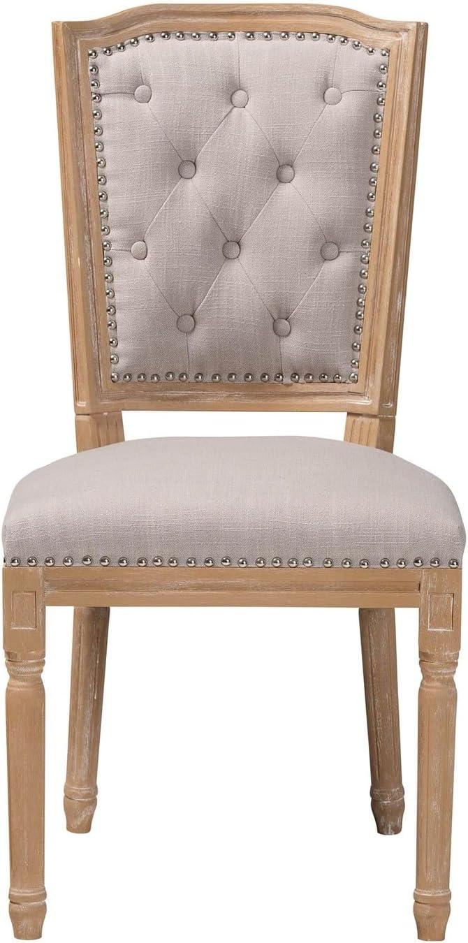 Estelle Chic Rustic French Country Cottage Dining Chair: Solid Oak, Linen Detail - Baxton Studio