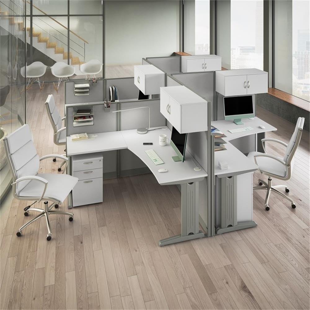 Pure White L Shaped Cubicle Desk with Storage and Privacy Panels