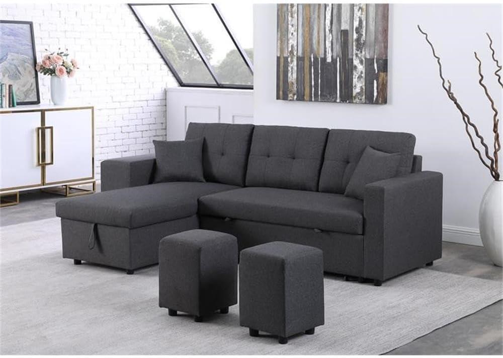 Lilola Home Linen Reversible Sleeper Sectional Sofa with Chaise Stools, Gray