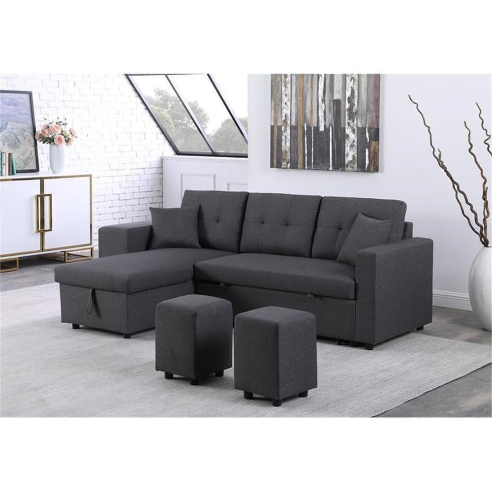 Lilola Home Linen Reversible Sleeper Sectional Sofa with Chaise Stools, Gray