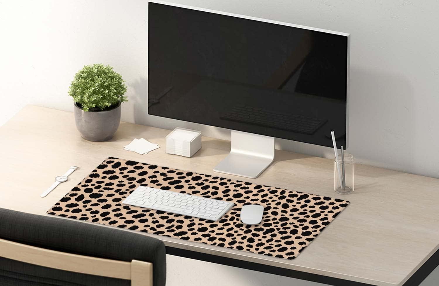 SSOIU Leopard Print Cute Desk Mat, Extra Large Non-Slip Rubber Mousepad - 35.5x15.7 in, Extended Gaming Mouse Pad