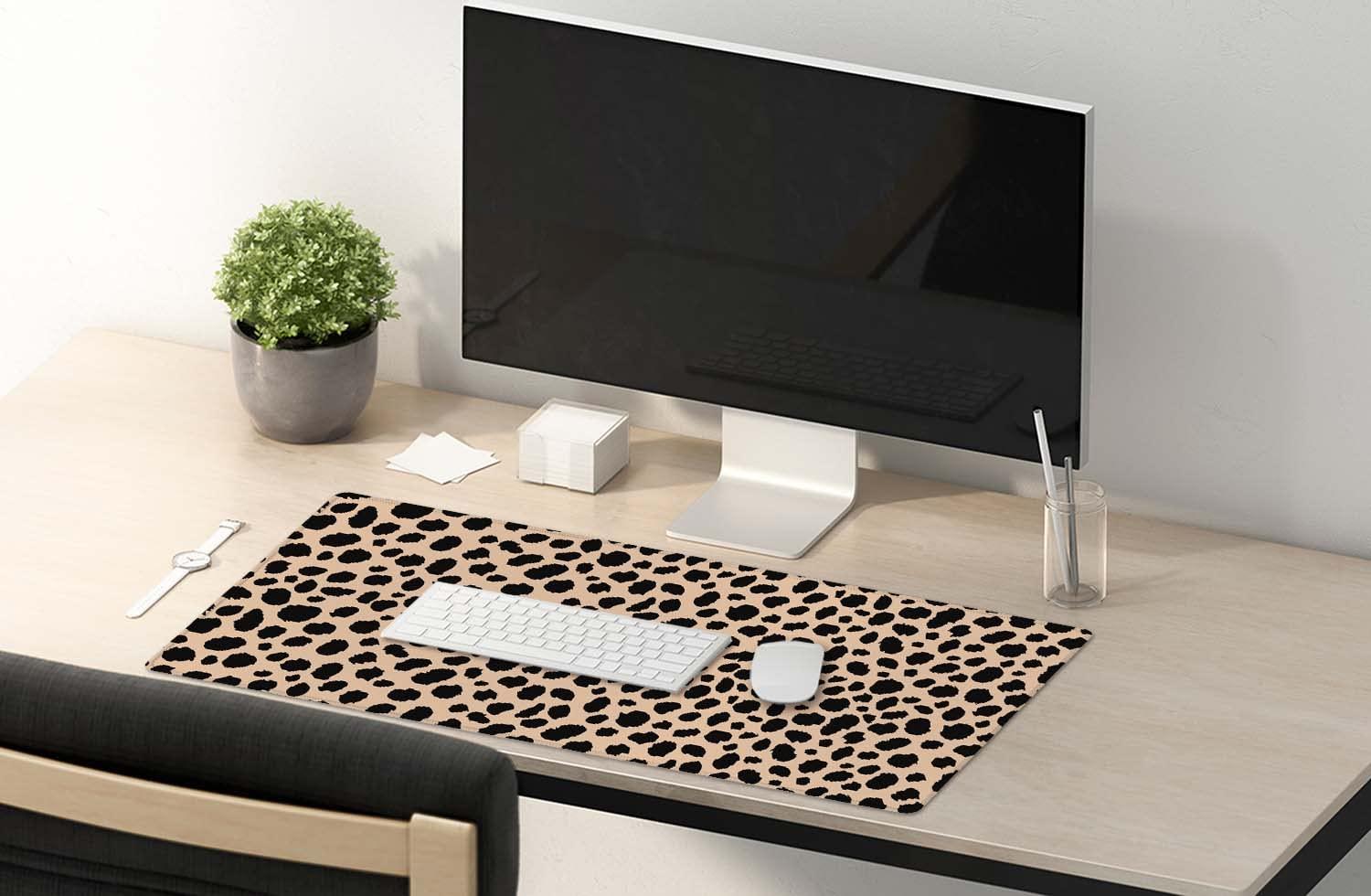 SSOIU Leopard Print Cute Desk Mat, Extra Large Non-Slip Rubber Mousepad - 35.5x15.7 in, Extended Gaming Mouse Pad