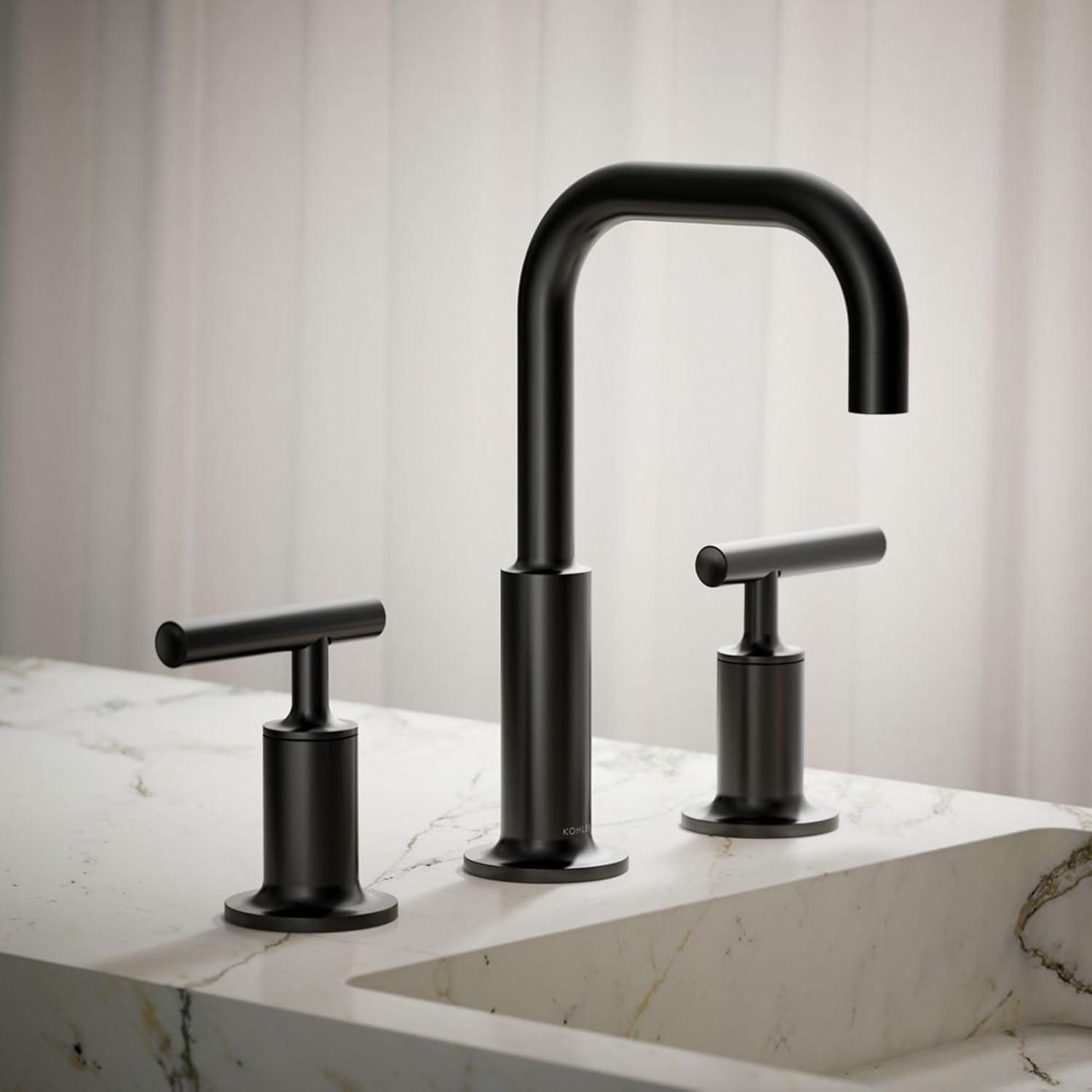 Purist® Widespread Faucet with Drain Assembly Low Lever Handles and Low Gooseneck Spout