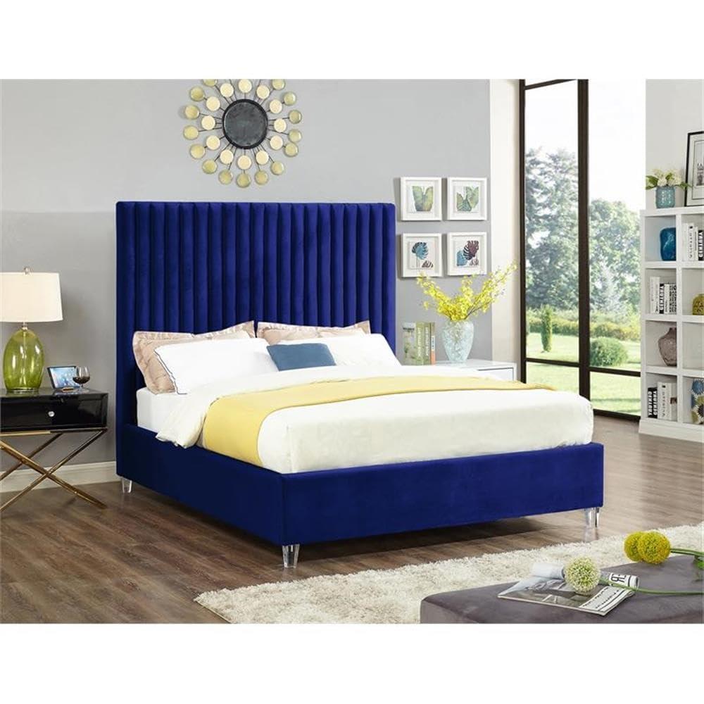 Meridian Furniture Candace Solid Wood Tufted Velvet King Bed in Navy