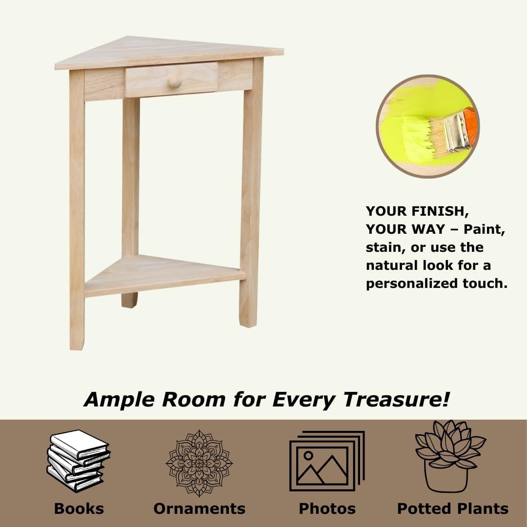 Corner End Table Unfinished - International Concepts: Solid Wood, Triangle Shape, Shelf Storage