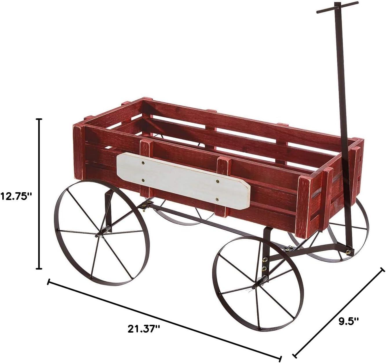 Red Wooden and Metal Vintage-Style Wagon Planter