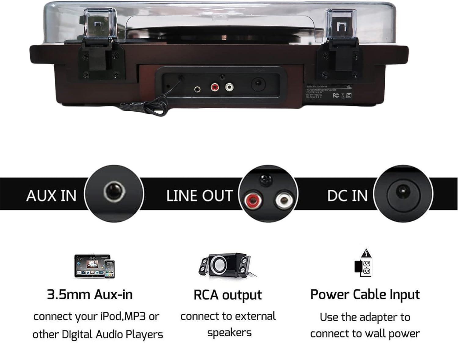 Bluetooth Record Player, 3 Speed Turntable with Built-in Speakers, Bluetooth Input & Output, FM Radio, USB/SD/MMC Support, RCA Output, AUX in, Earphone Jack