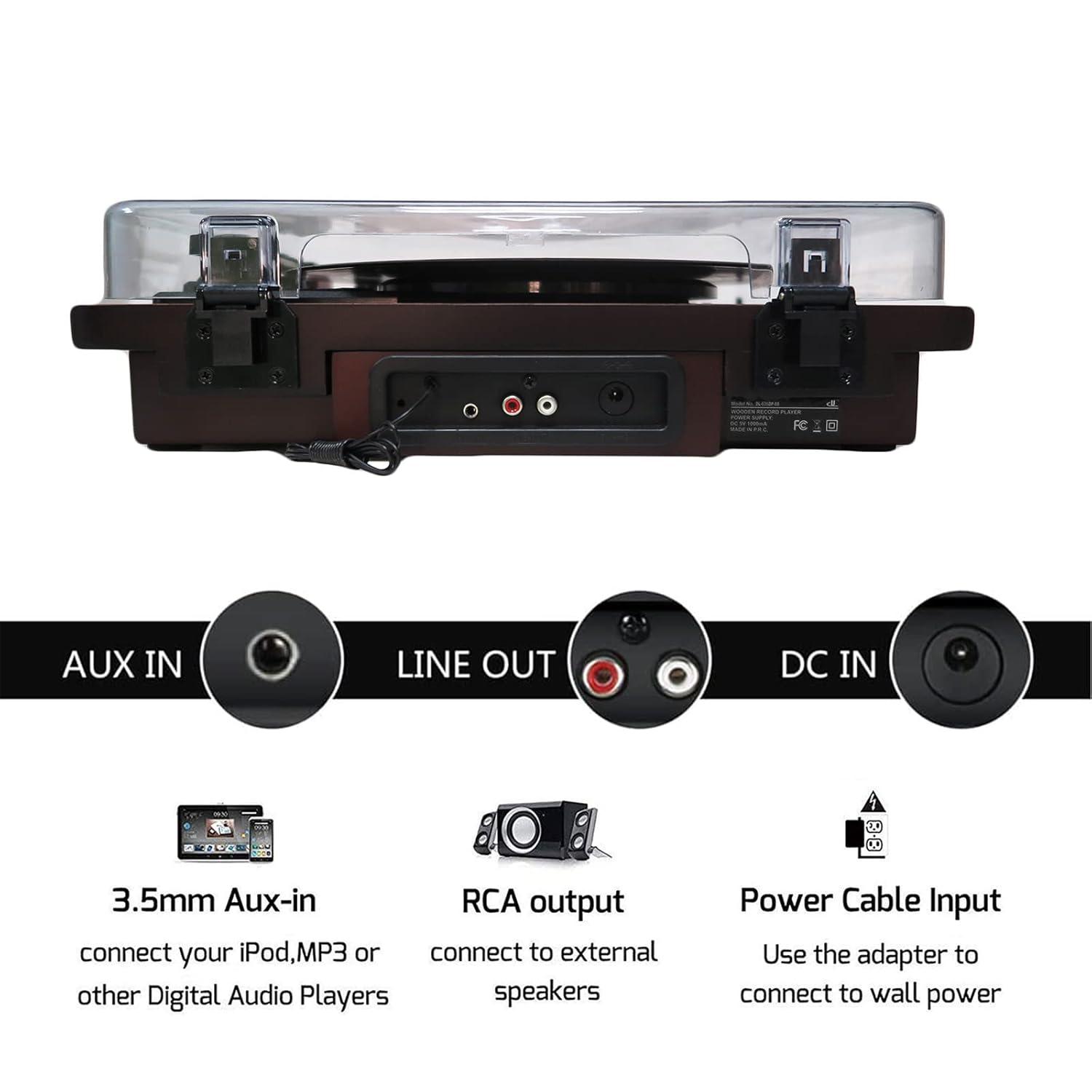 Bluetooth Record Player, 3 Speed Turntable with Built-in Speakers, Bluetooth Input & Output, FM Radio, USB/SD/MMC Support, RCA Output, AUX in, Earphone Jack