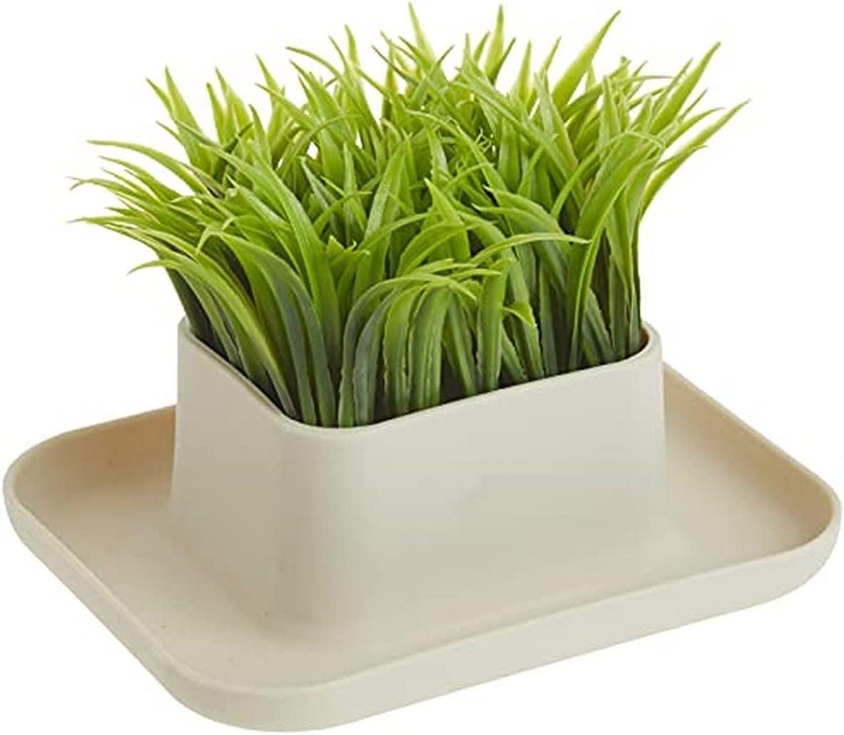 Beige Faux Grass Pen and Phone Stand with Tray