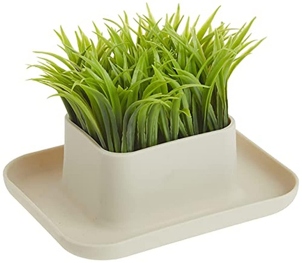 Beige Faux Grass Pen and Phone Stand with Tray