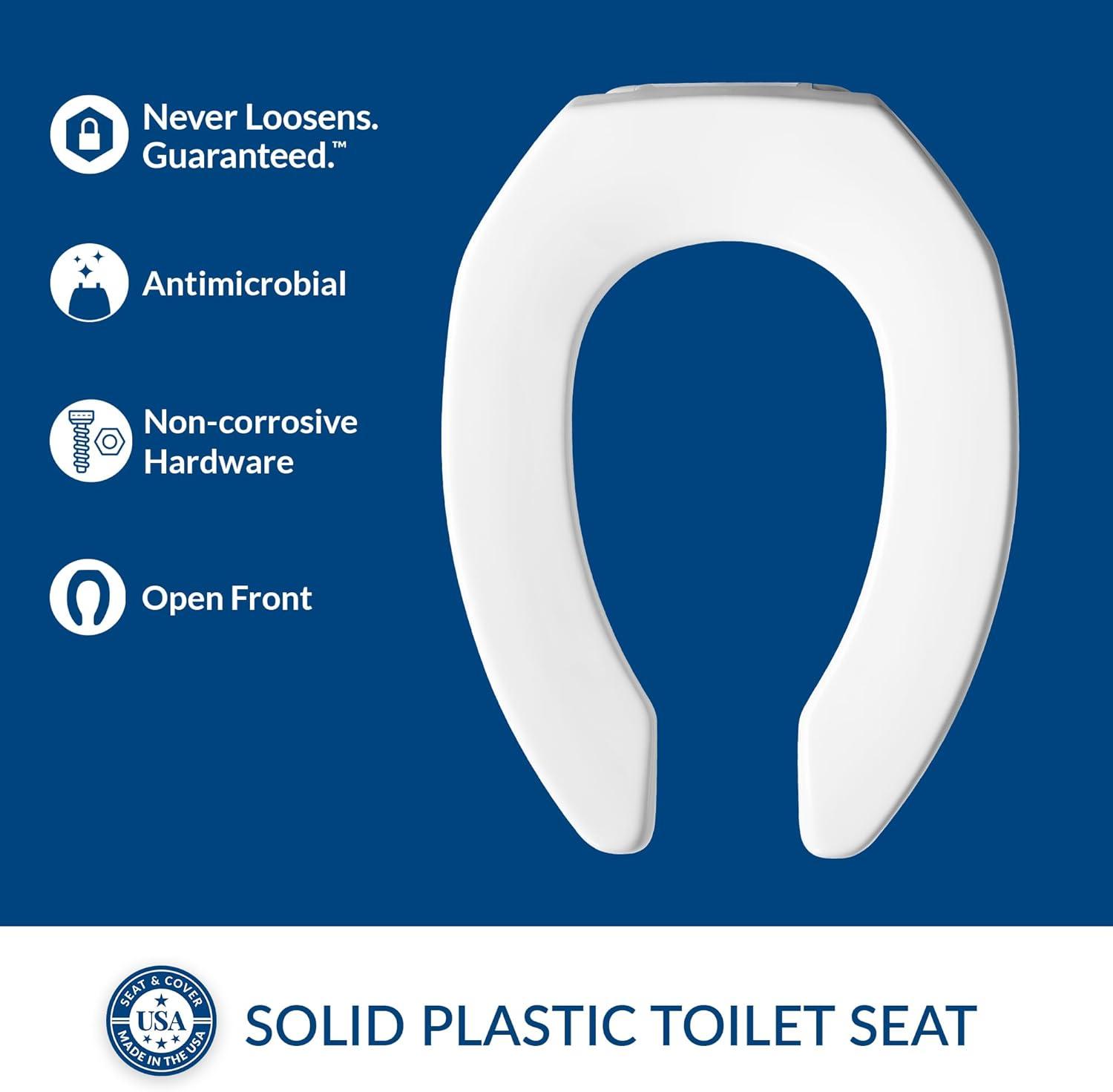 2155CT Commercial Heavy Duty Open Front Toilet Seat, No Lid, Never Loosen, ELONGATED, Plastic, White