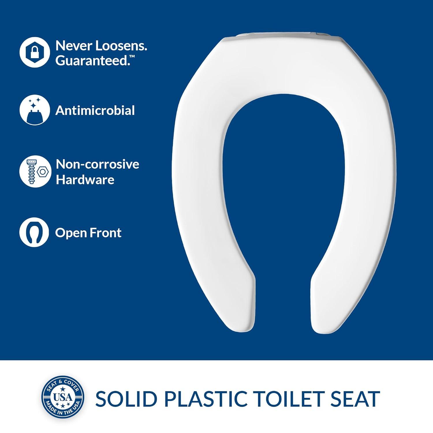 2155CT Commercial Heavy Duty Open Front Toilet Seat, No Lid, Never Loosen, ELONGATED, Plastic, White