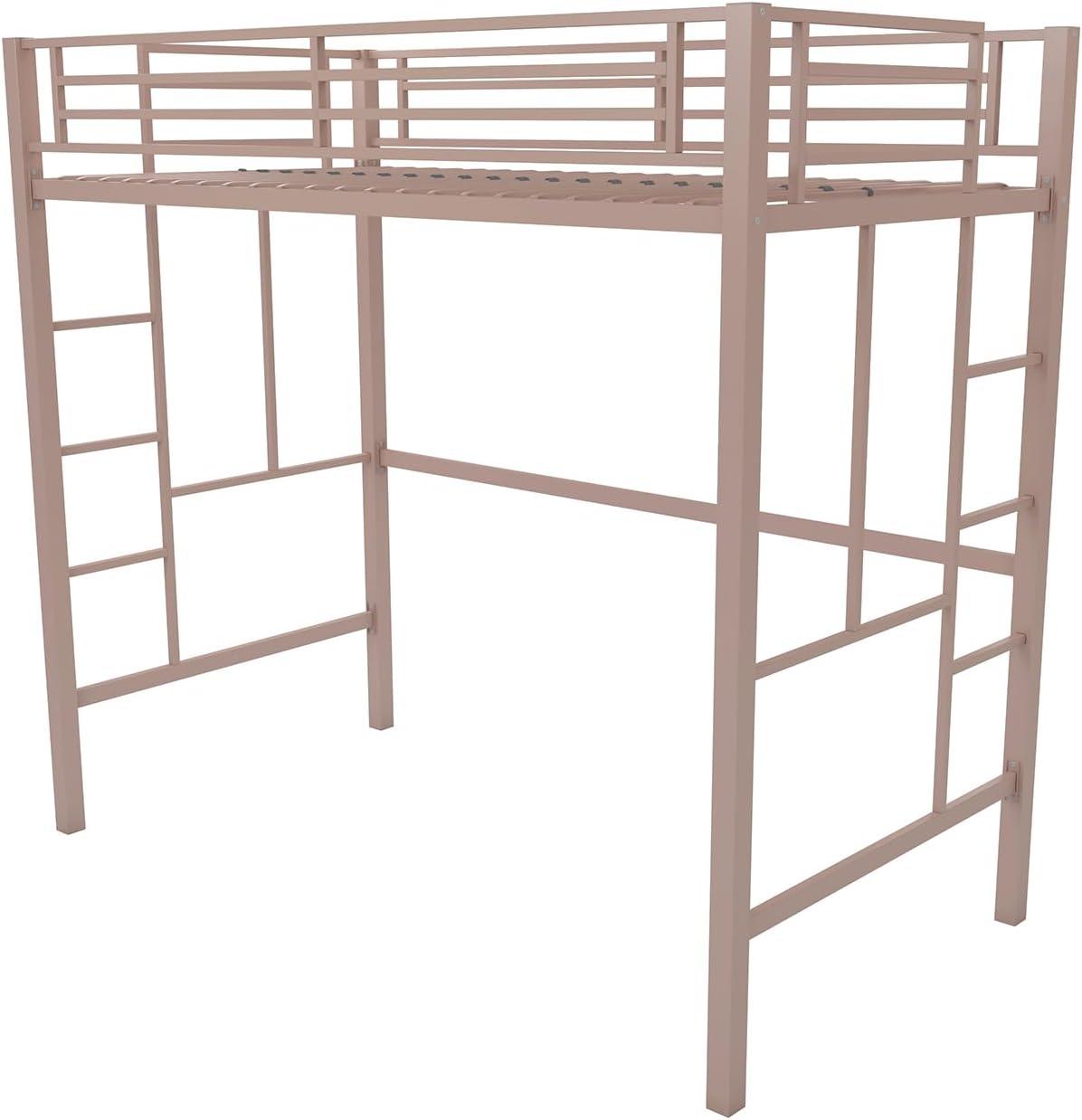 Pink Twin Metal Loft Bed with Guardrails and Ladders