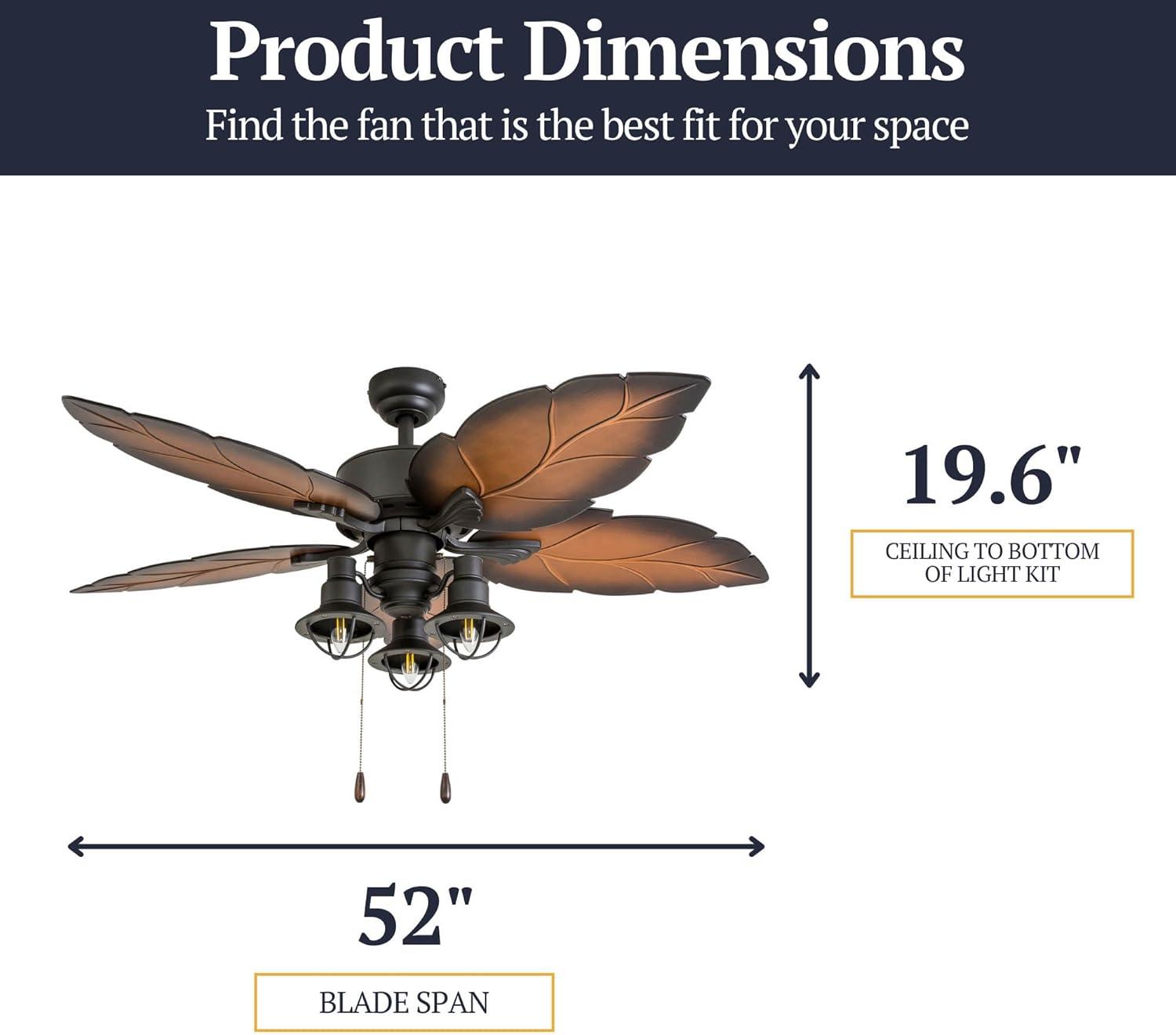 52" Bronze Tropical Ceiling Fan with Palm Leaf Blades and LED Light