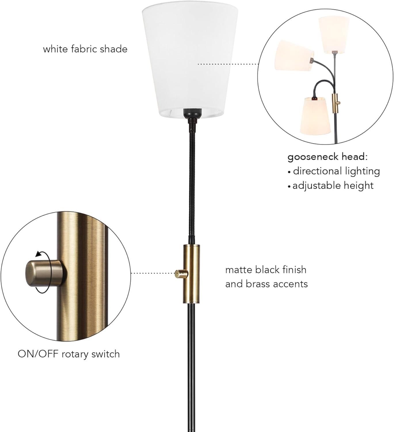 Matte Black Adjustable Arc Floor Lamp with Brass Accents