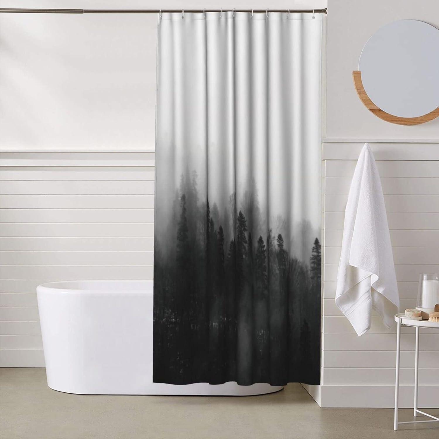 Black and White Fabric Shower Curtain for Bathroom with 12 Hooks, Nature Forest Tree Mountain Bath Shower Curtain Set for Hotel Home Men Women - 72 x 72 Inch