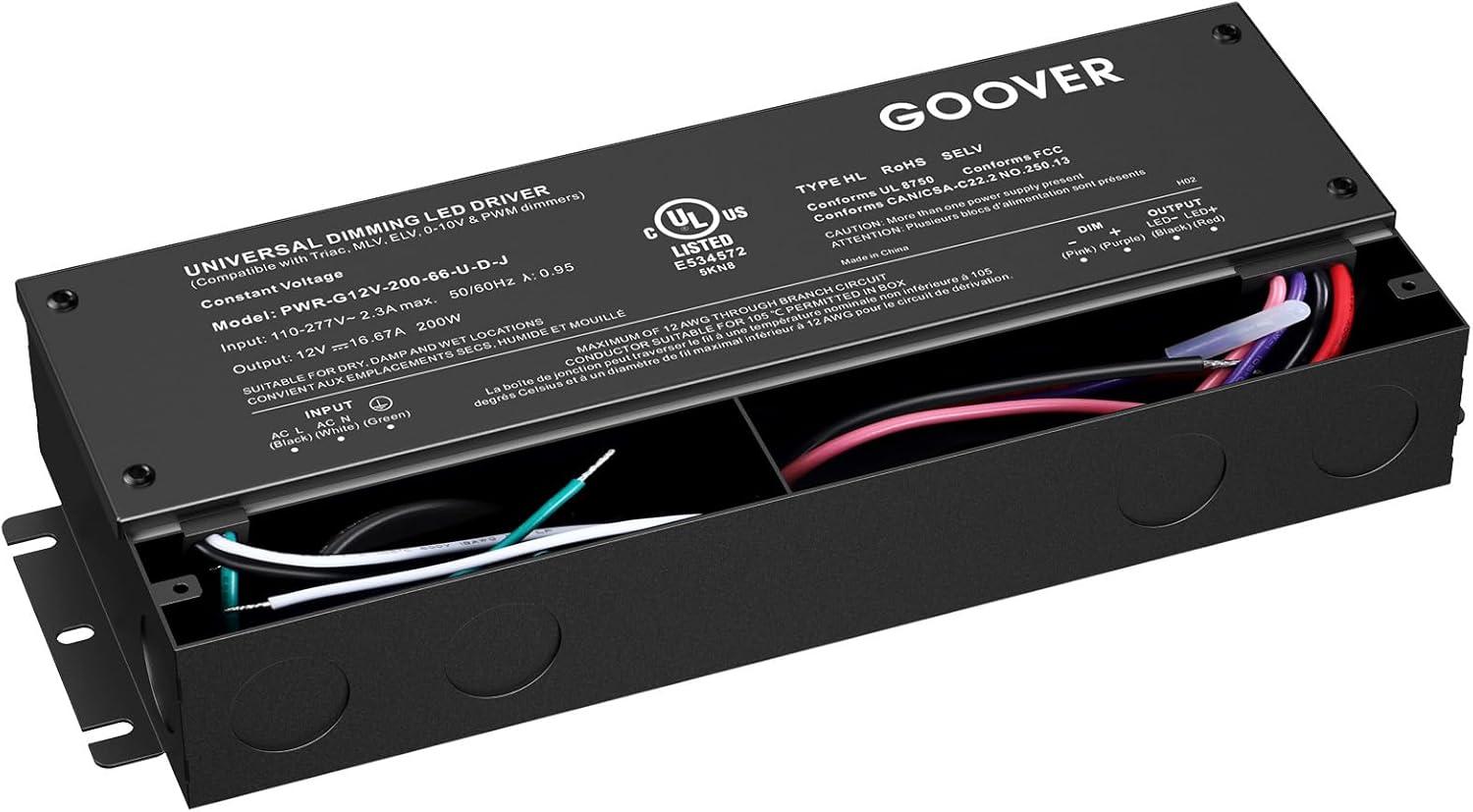 GOOVER 200W Dimmable LED Driver, 12V Triac Dimmable Power Supply, AC to DC Transformer for LED Light, Compatible with Lutron and Leviton Dimmer, Waterproof IP67 and UL Listed